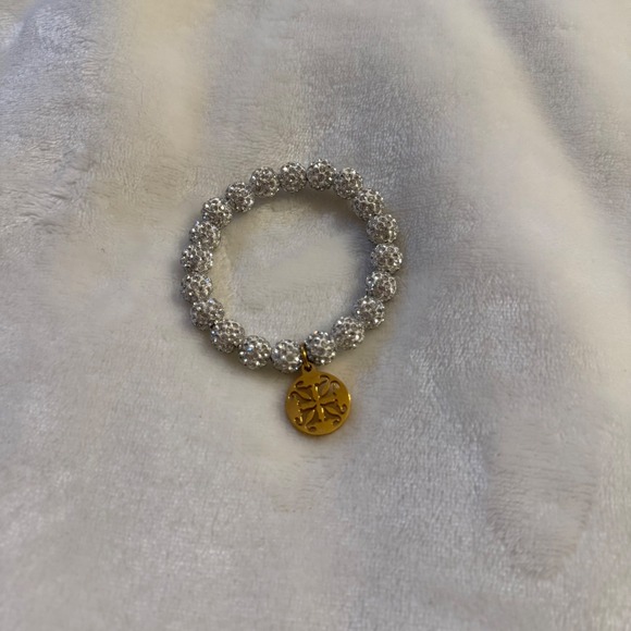 Sparkle Crystal Beaded Stretch Bracelet Gold Tone Sand Dollar Charm Boho - Picture 2 of 2